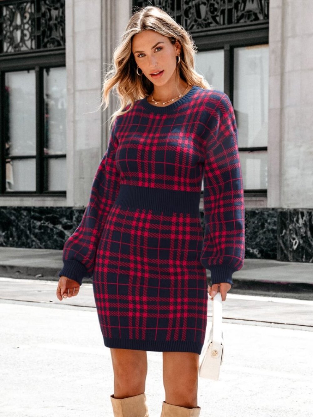 CUPSHE Red Plaid Sweater Dress Knit Bubble Long Sleeve Mini Small